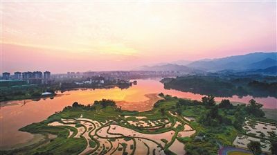 雙桂湖國(guó)家濕地公園，朝霞灑向湖面，與遠(yuǎn)處高樓林立的城區(qū)和稻田小微濕地景觀，構(gòu)成一幅湖城相擁的美麗畫卷。記者 向成國(guó) 攝