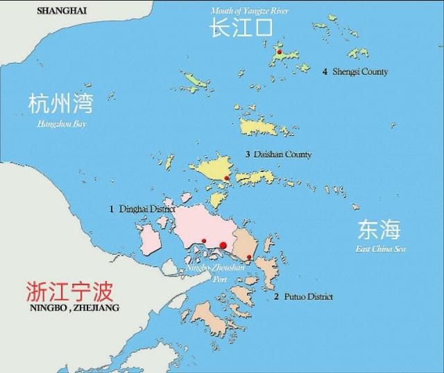 舟山群岛行政区划分布图:定海县,普陀县,岱山县,嵊泗县