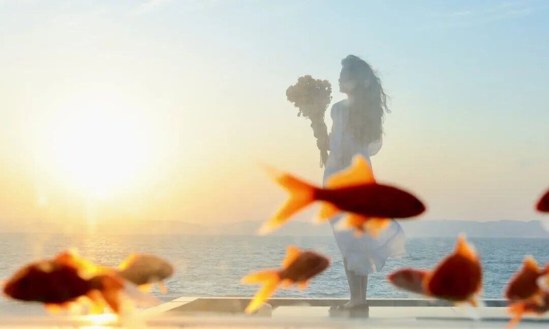 游客在海晏村與落日合影