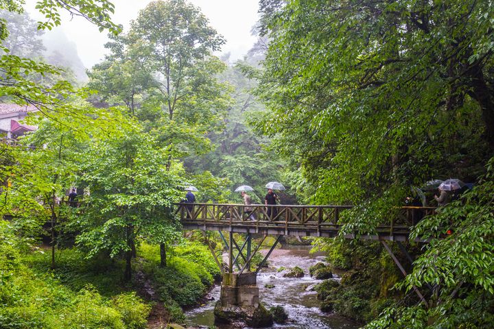 游客在小雨中游览龙苍沟景区  本报记者 郝立艺 摄