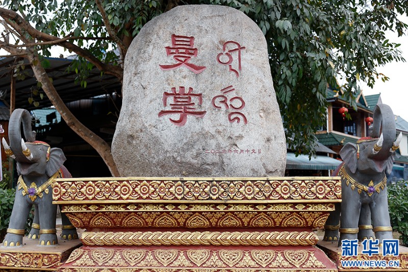 刻有“曼掌”二字的石頭及小象雕塑（3月8日攝）。新華網(wǎng)發(fā)（徐華陵 攝）