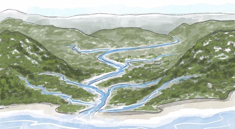 Watercolor illustration of rivers of water running down a green hillside.