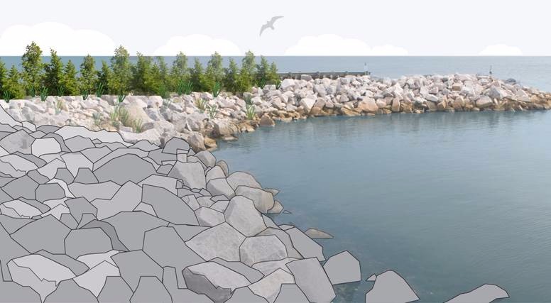 A coastal shore lined with rocks with some illustrative additions.