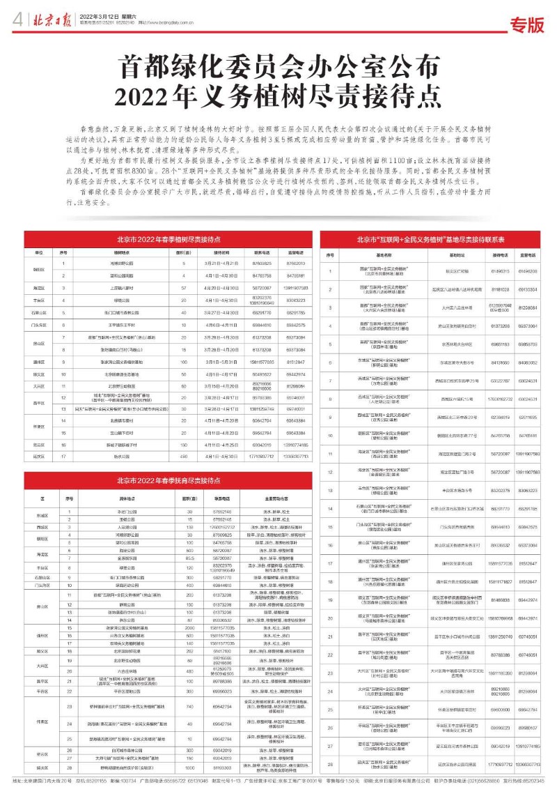 0312北京日報(bào)-首都綠化委員會辦公室公布2022年義務(wù)植樹盡責(zé)接待點(diǎn)