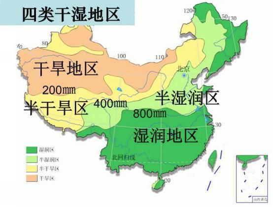 干湿地区划分看 有湿润地区,半湿润地区,半干旱地区,干旱地区之分.