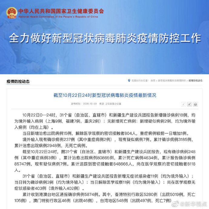 國家衛健委：22日新增新冠肺炎確診病例18例 均為境外輸入病例
