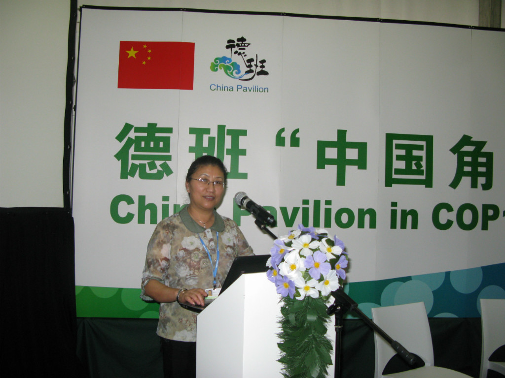 2011年联合国德班气候大会(COP17/CMP7)期间，中国代表团首次设立“中国角”。中国绿色碳汇基金会以“林业应对气候变化的探索与实践”为主题参加边会。图为秘书长李怒云在边会演讲。